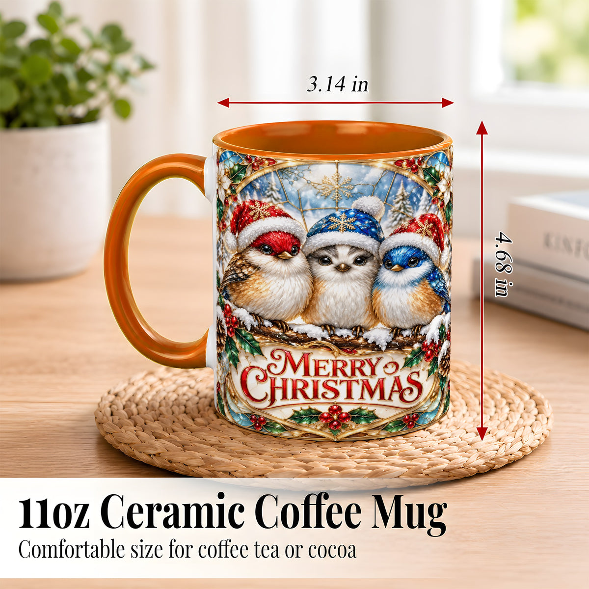 #pl[11oz|Orange] Merry Christmas Birds Coffee Mug, Stained Glass Style Mug, Ceramic Cup