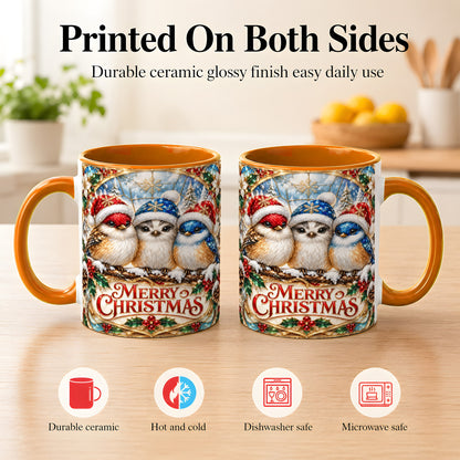 #pl[11oz|Orange] Merry Christmas Birds Coffee Mug, Stained Glass Style Mug, Ceramic Cup