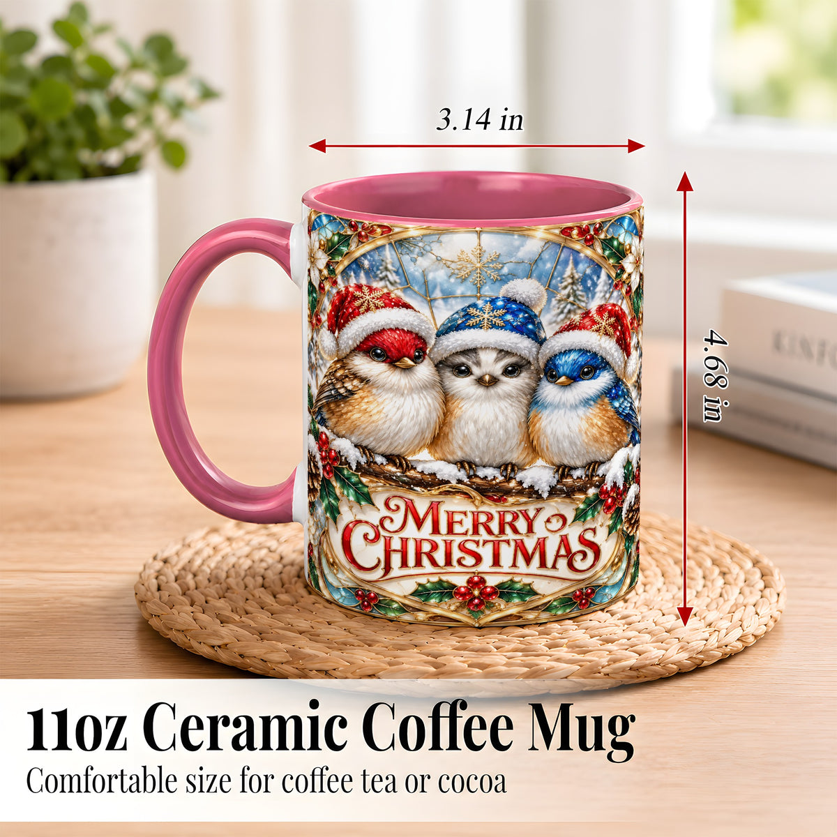 #pl[11oz|Pink] Merry Christmas Birds Coffee Mug, Stained Glass Style Mug, Ceramic Cup