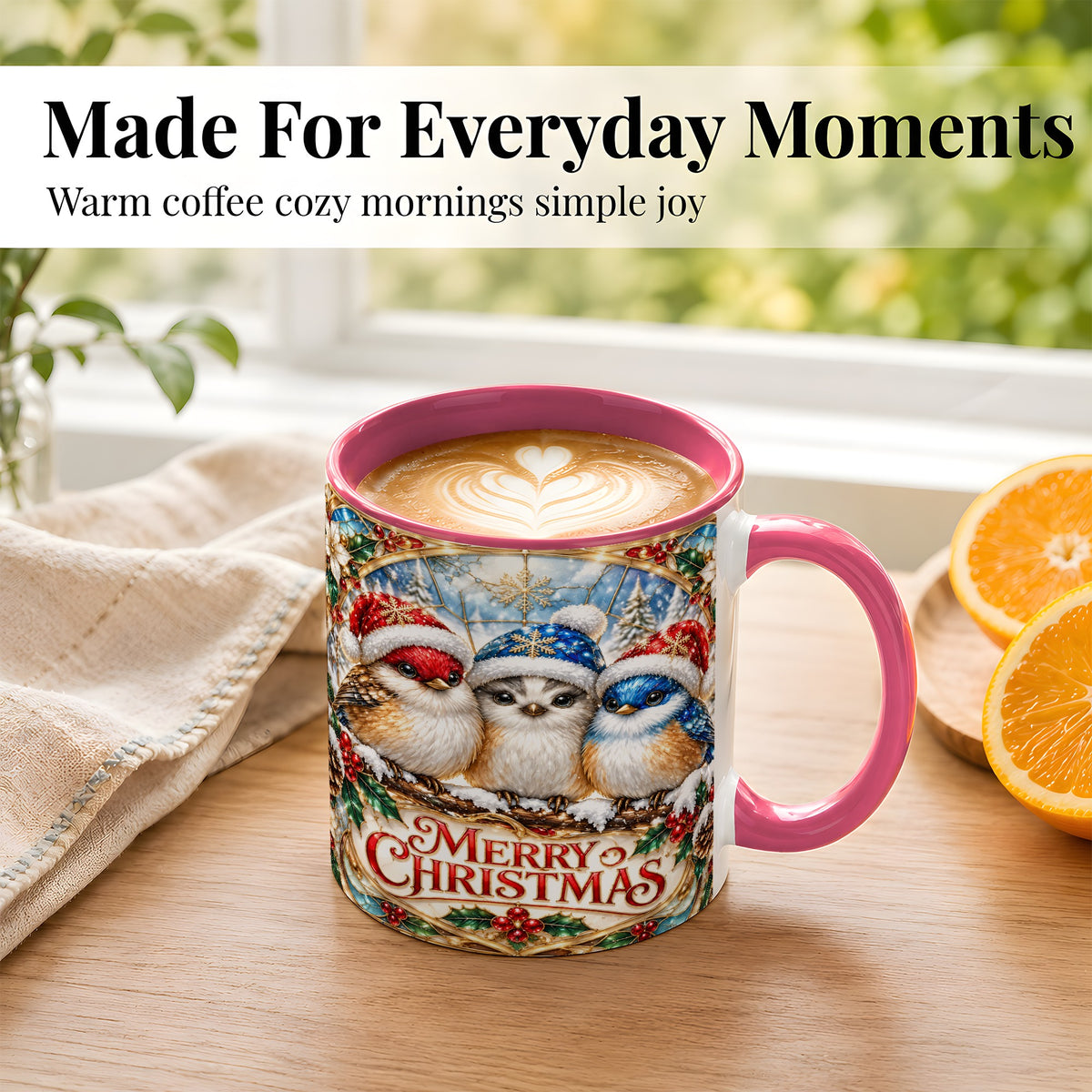 #pl[11oz|Pink] Merry Christmas Birds Coffee Mug, Stained Glass Style Mug, Ceramic Cup