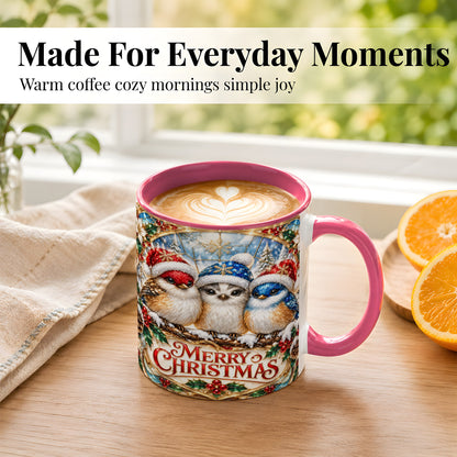 #pl[11oz|Pink] Merry Christmas Birds Coffee Mug, Stained Glass Style Mug, Ceramic Cup
