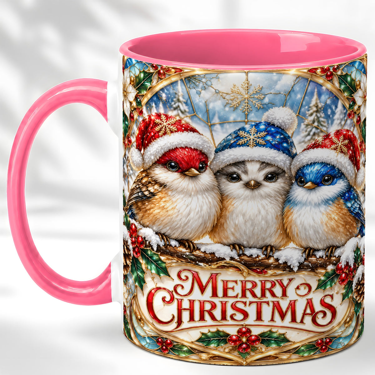 #pl[11oz|Pink] Merry Christmas Birds Coffee Mug, Stained Glass Style Mug, Ceramic Cup