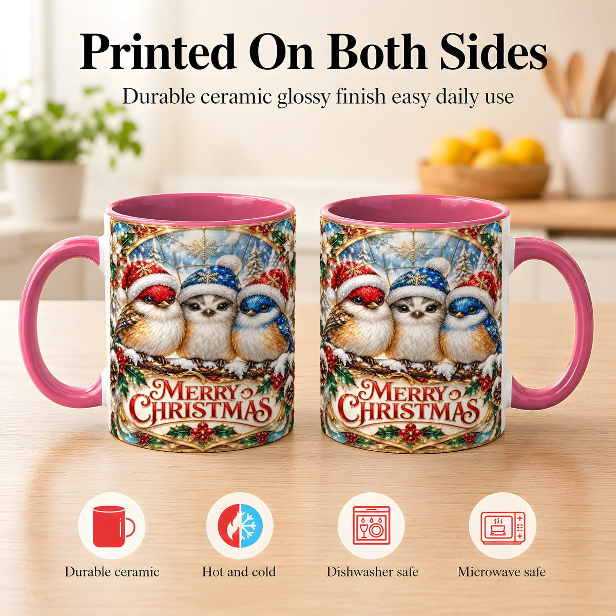 #pl[11oz|Pink] Merry Christmas Birds Coffee Mug, Stained Glass Style Mug, Ceramic Cup