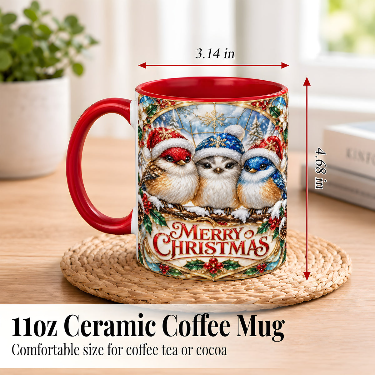 #pl[11oz|Red] Merry Christmas Birds Coffee Mug, Stained Glass Style Mug, Ceramic Cup