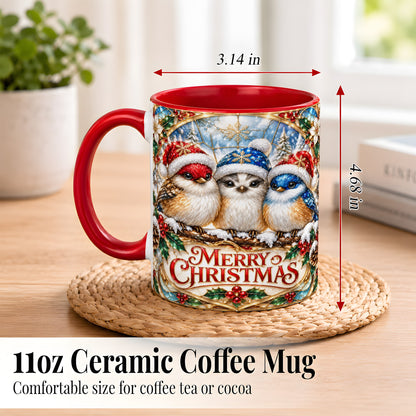 #pl[11oz|Red] Merry Christmas Birds Coffee Mug, Stained Glass Style Mug, Ceramic Cup