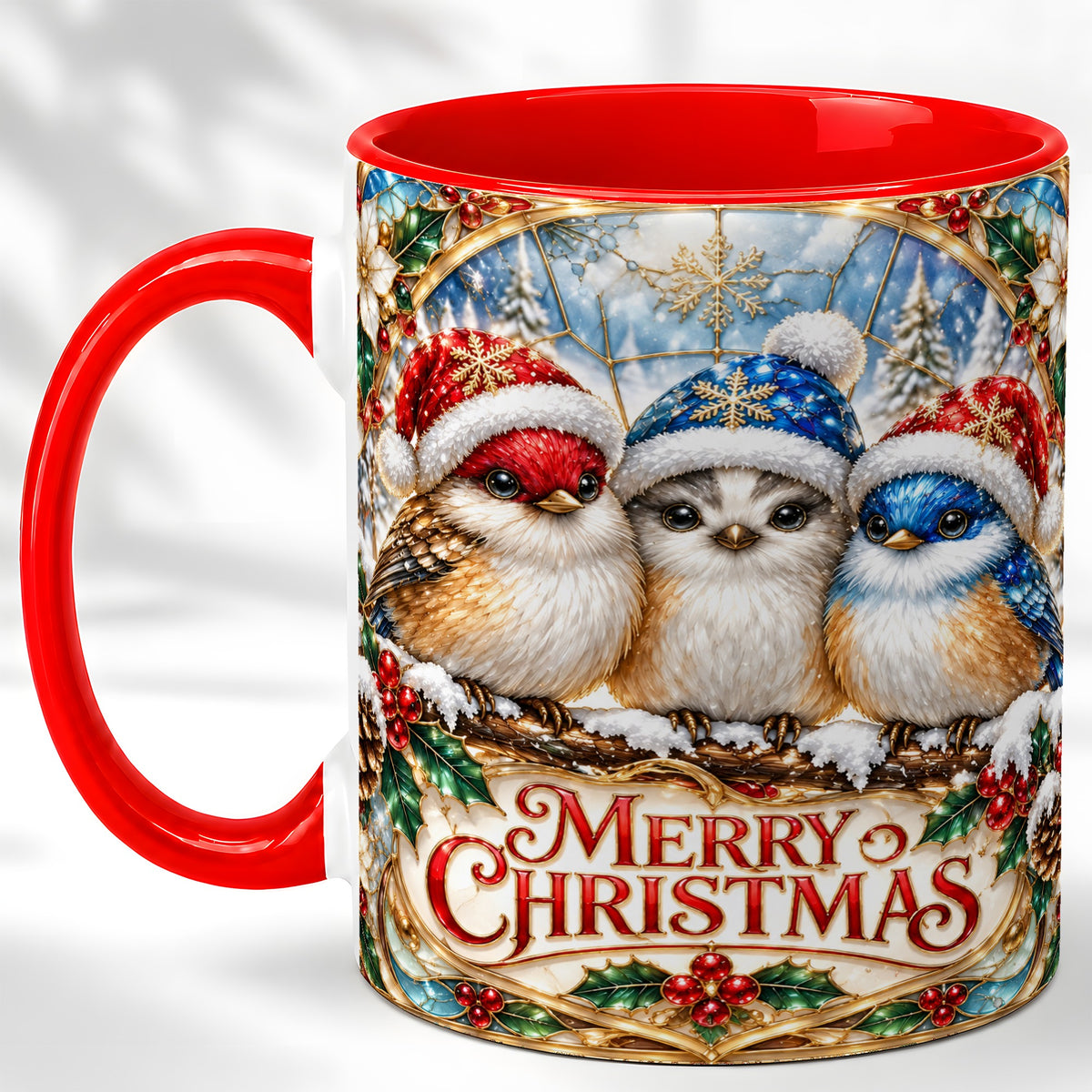 #pl[11oz|Red] Merry Christmas Birds Coffee Mug, Stained Glass Style Mug, Ceramic Cup