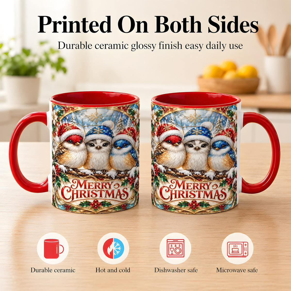 #pl[11oz|Red] Merry Christmas Birds Coffee Mug, Stained Glass Style Mug, Ceramic Cup