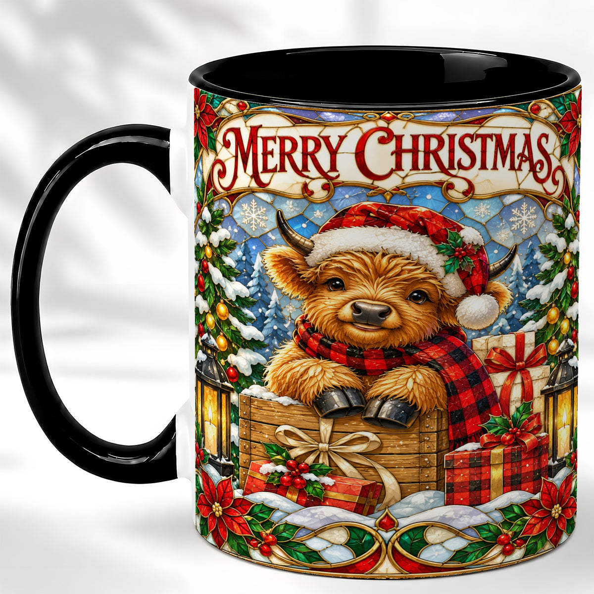 #pl[11oz|Black] Merry Christmas Cow Coffee Mug, Farm Holiday Mug, Ceramic Cup