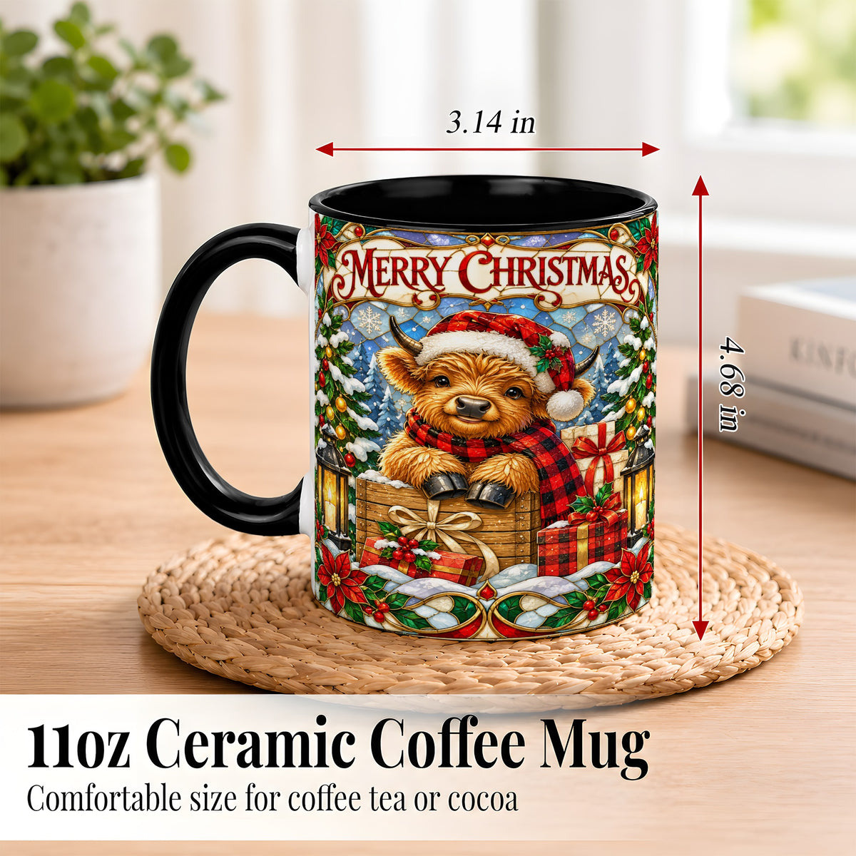 #pl[11oz|Black] Merry Christmas Cow Coffee Mug, Farm Holiday Mug, Ceramic Cup