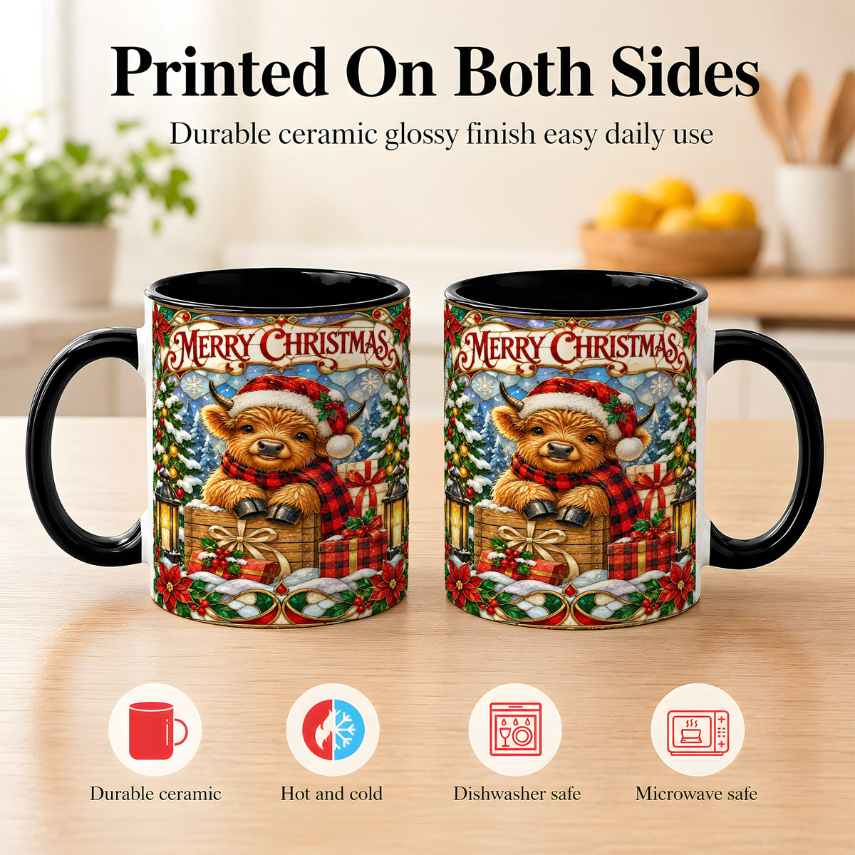 #pl[11oz|Black] Merry Christmas Cow Coffee Mug, Farm Holiday Mug, Ceramic Cup