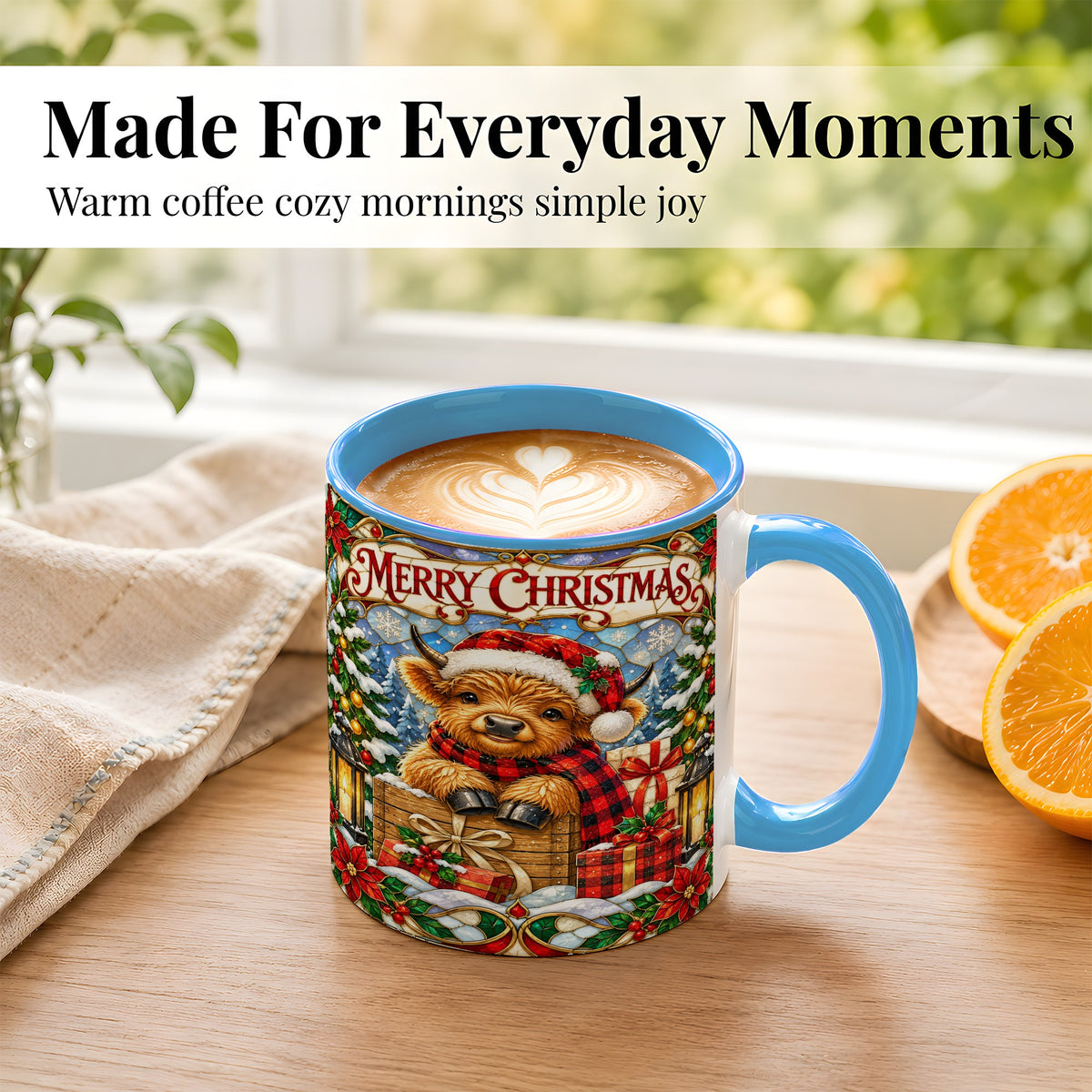 #pl[11oz|Blue] Merry Christmas Cow Coffee Mug, Farm Holiday Mug, Ceramic Cup