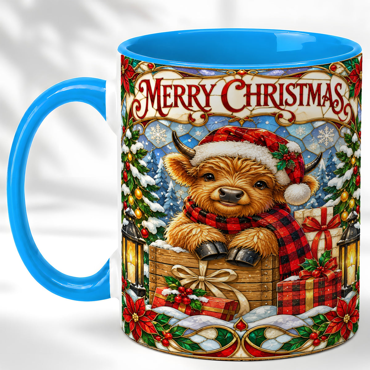#pl[11oz|Blue] Merry Christmas Cow Coffee Mug, Farm Holiday Mug, Ceramic Cup