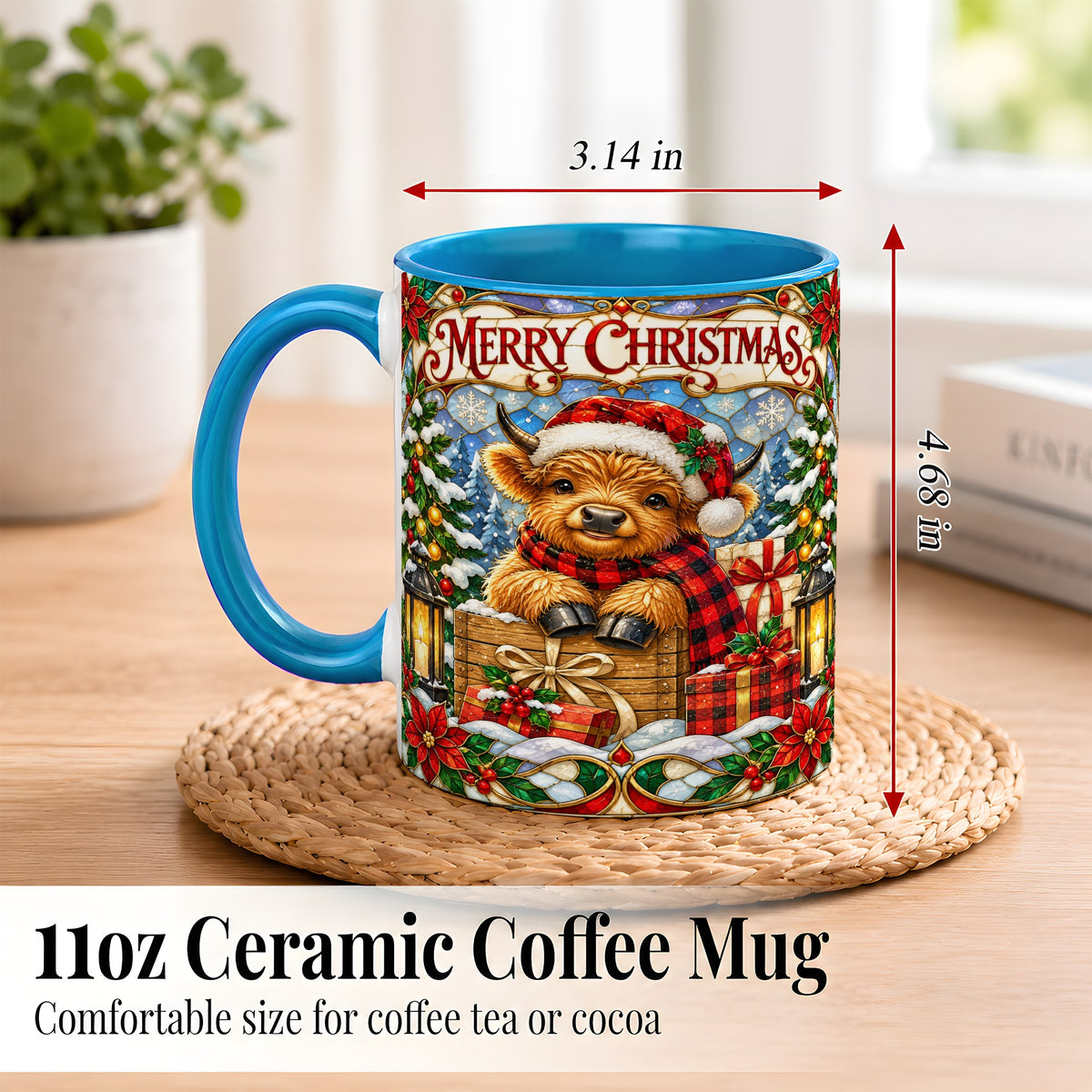 #pl[11oz|Blue] Merry Christmas Cow Coffee Mug, Farm Holiday Mug, Ceramic Cup