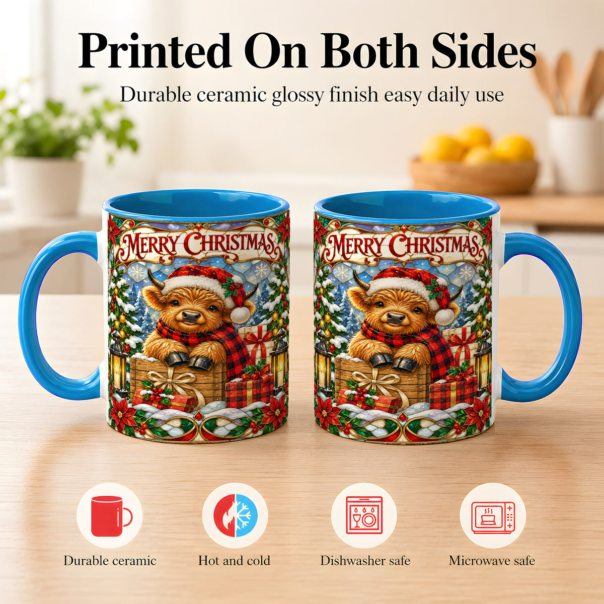 #pl[11oz|Blue] Merry Christmas Cow Coffee Mug, Farm Holiday Mug, Ceramic Cup