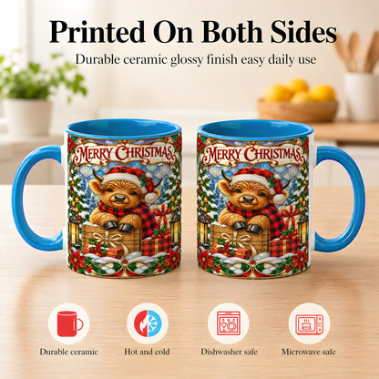 #pl[11oz|Blue] Merry Christmas Cow Coffee Mug, Farm Holiday Mug, Ceramic Cup