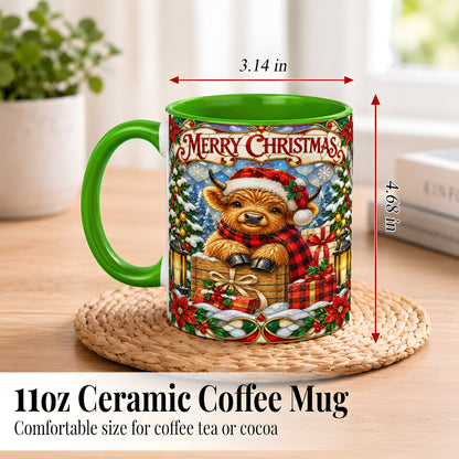 #pl[11oz|Green] Merry Christmas Cow Coffee Mug, Farm Holiday Mug, Ceramic Cup