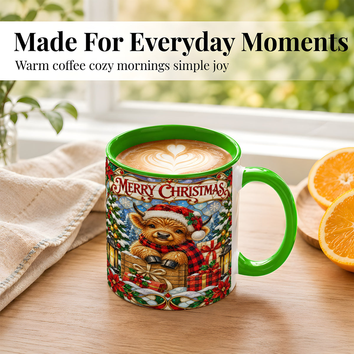 #pl[11oz|Green] Merry Christmas Cow Coffee Mug, Farm Holiday Mug, Ceramic Cup