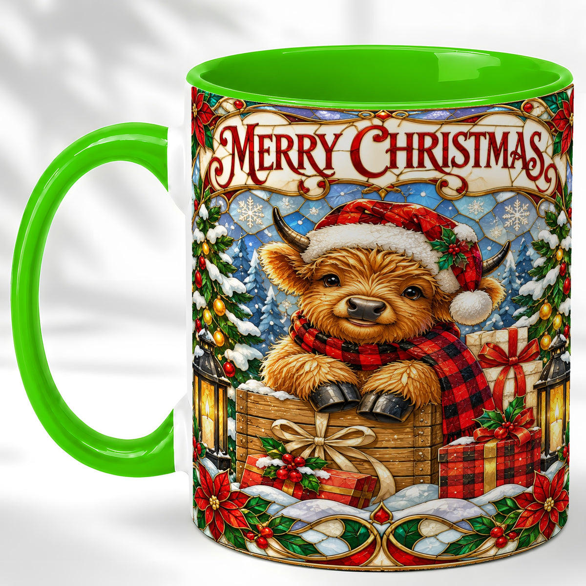 #pl[11oz|Green] Merry Christmas Cow Coffee Mug, Farm Holiday Mug, Ceramic Cup