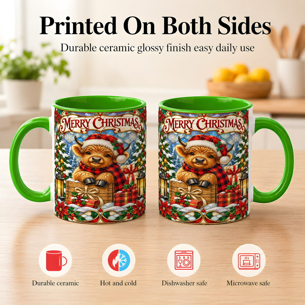 #pl[11oz|Green] Merry Christmas Cow Coffee Mug, Farm Holiday Mug, Ceramic Cup