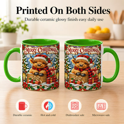 #pl[11oz|Green] Merry Christmas Cow Coffee Mug, Farm Holiday Mug, Ceramic Cup