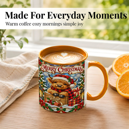 #pl[11oz|Orange] Merry Christmas Cow Coffee Mug, Farm Holiday Mug, Ceramic Cup