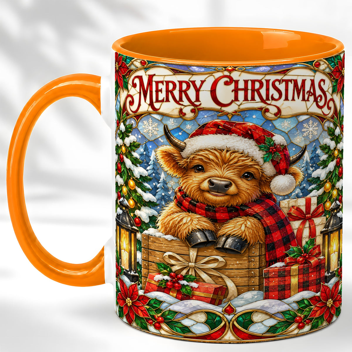 #pl[11oz|Orange] Merry Christmas Cow Coffee Mug, Farm Holiday Mug, Ceramic Cup