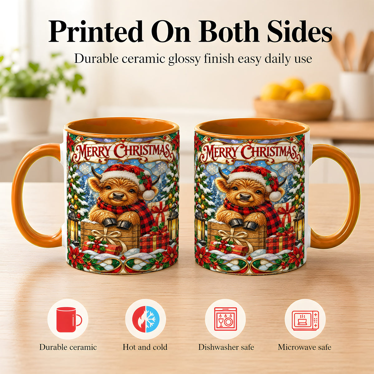 #pl[11oz|Orange] Merry Christmas Cow Coffee Mug, Farm Holiday Mug, Ceramic Cup