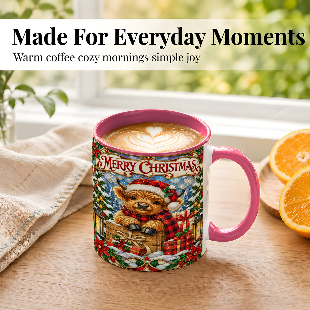 #pl[11oz|Pink] Merry Christmas Cow Coffee Mug, Farm Holiday Mug, Ceramic Cup