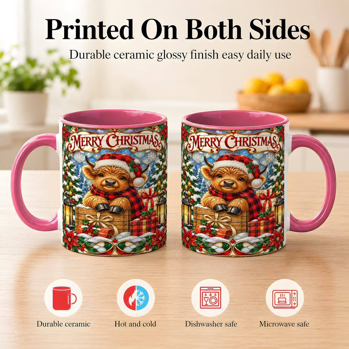 #pl[11oz|Pink] Merry Christmas Cow Coffee Mug, Farm Holiday Mug, Ceramic Cup