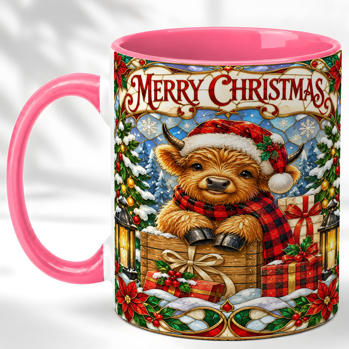 #pl[11oz|Pink] Merry Christmas Cow Coffee Mug, Farm Holiday Mug, Ceramic Cup