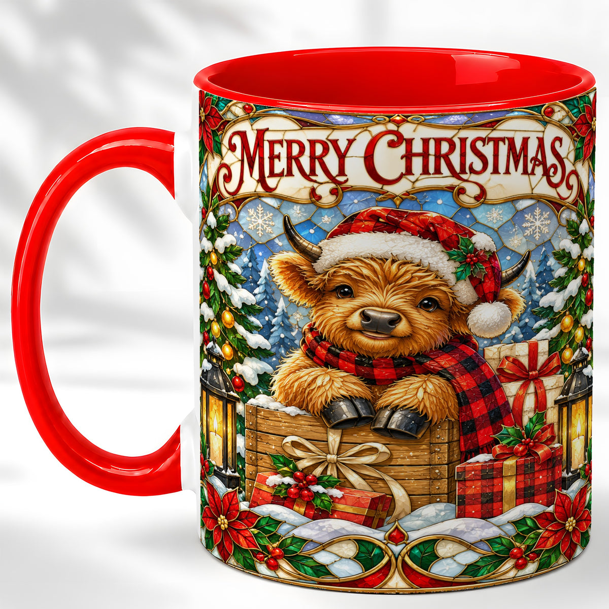#pl[11oz|Red] Merry Christmas Cow Coffee Mug, Farm Holiday Mug, Ceramic Cup
