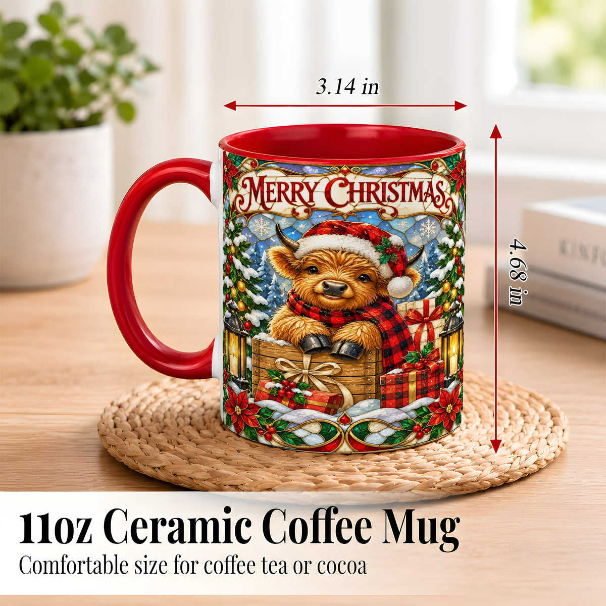 #pl[11oz|Red] Merry Christmas Cow Coffee Mug, Farm Holiday Mug, Ceramic Cup