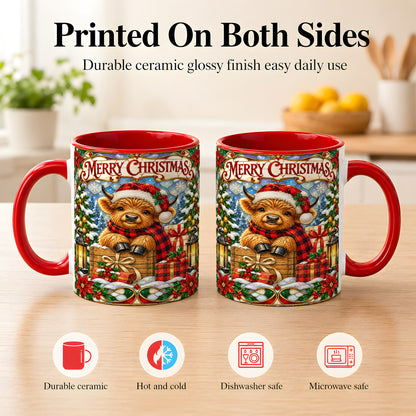 #pl[11oz|Red] Merry Christmas Cow Coffee Mug, Farm Holiday Mug, Ceramic Cup