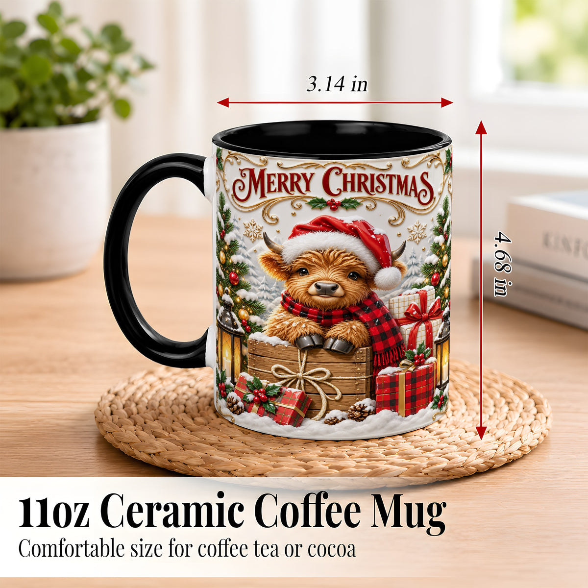 #pl[11oz|Black] Merry Christmas Cow Coffee Mug, Cozy Winter Mug, Ceramic Cup