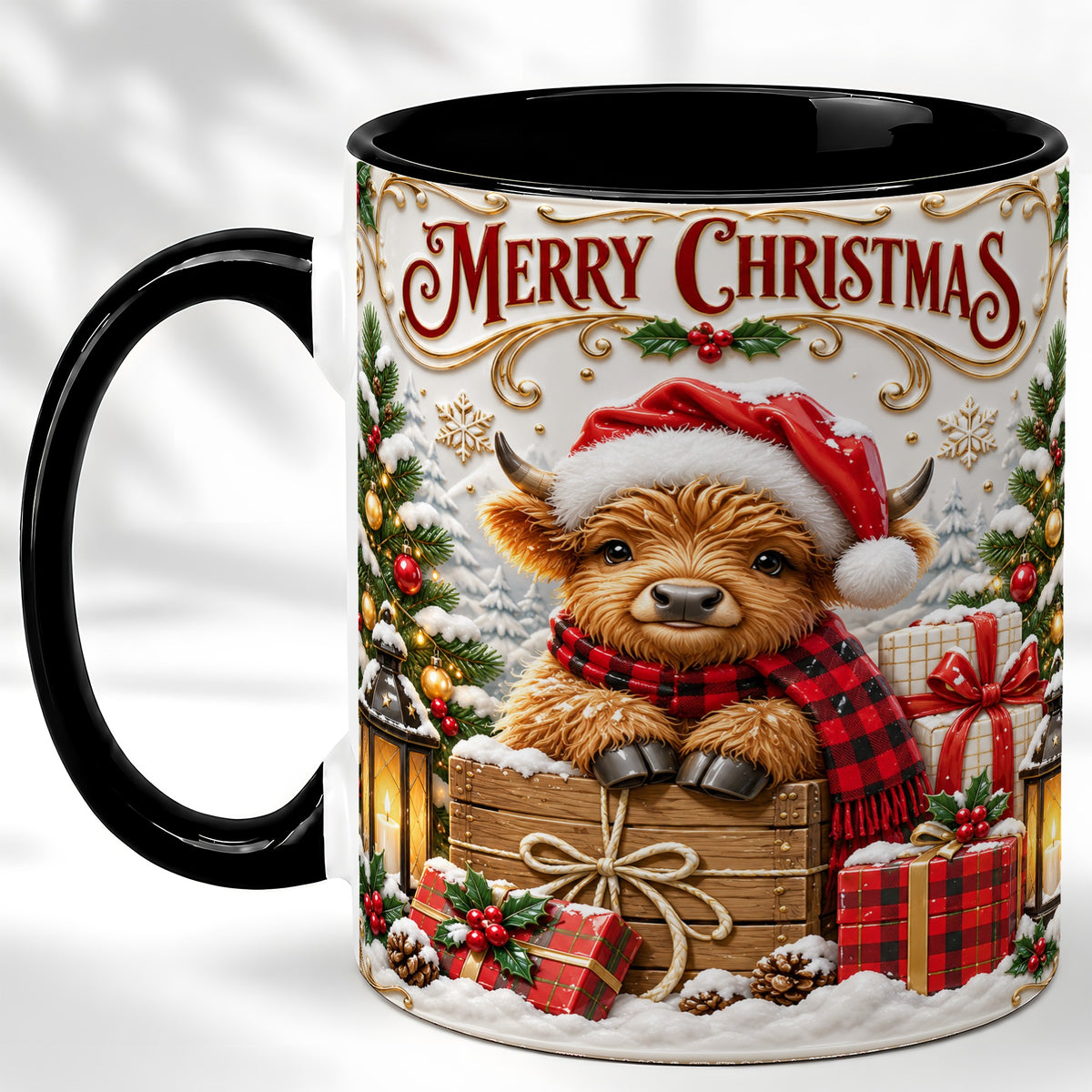 #pl[11oz|Black] Merry Christmas Cow Coffee Mug, Cozy Winter Mug, Ceramic Cup