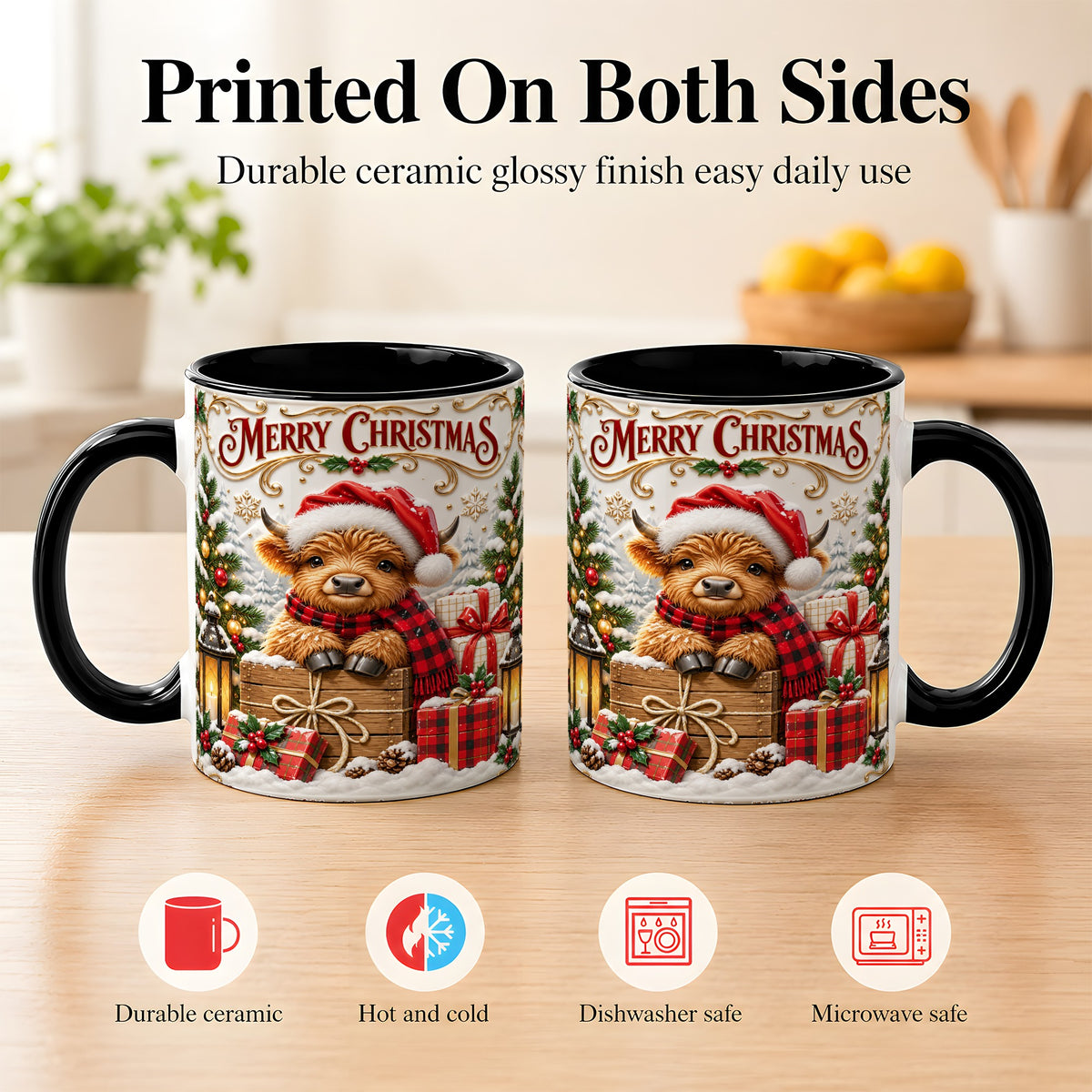 #pl[11oz|Black] Merry Christmas Cow Coffee Mug, Cozy Winter Mug, Ceramic Cup
