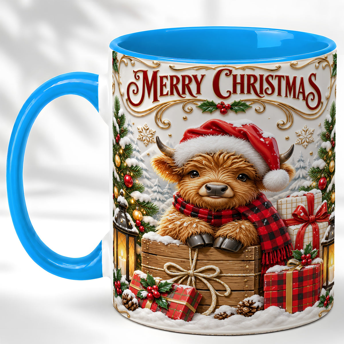 #pl[11oz|Blue] Merry Christmas Cow Coffee Mug, Cozy Winter Mug, Ceramic Cup