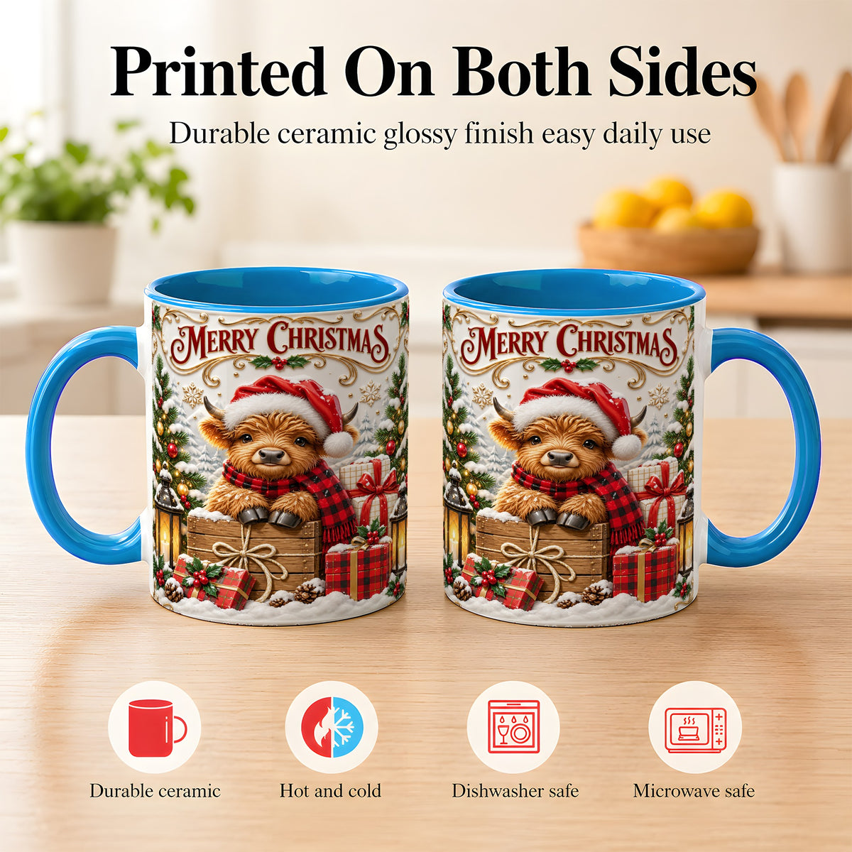 #pl[11oz|Blue] Merry Christmas Cow Coffee Mug, Cozy Winter Mug, Ceramic Cup