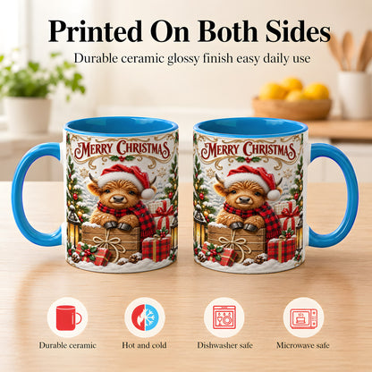 #pl[11oz|Blue] Merry Christmas Cow Coffee Mug, Cozy Winter Mug, Ceramic Cup