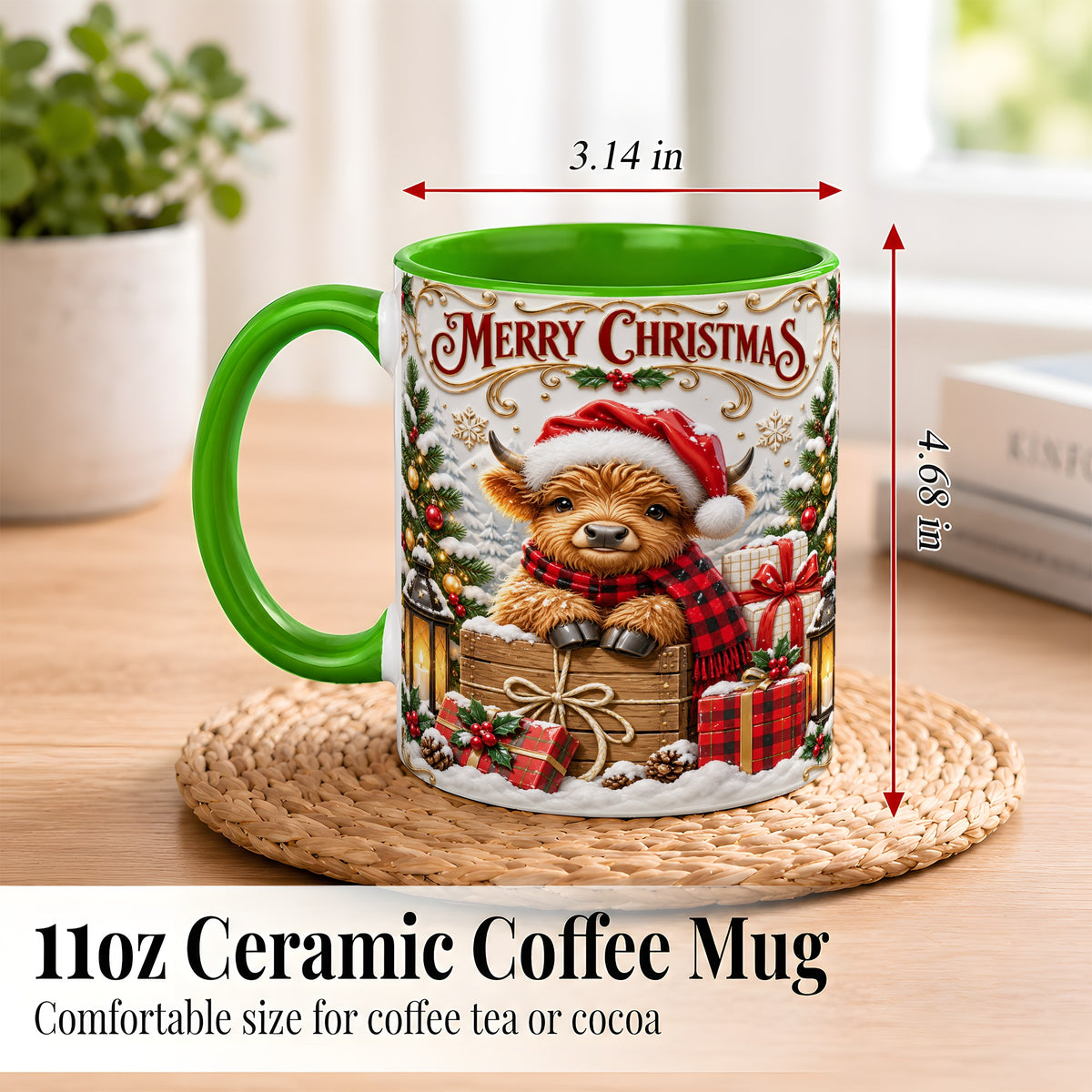 #pl[11oz|Green] Merry Christmas Cow Coffee Mug, Cozy Winter Mug, Ceramic Cup