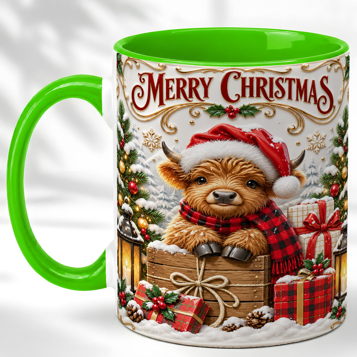 #pl[11oz|Green] Merry Christmas Cow Coffee Mug, Cozy Winter Mug, Ceramic Cup