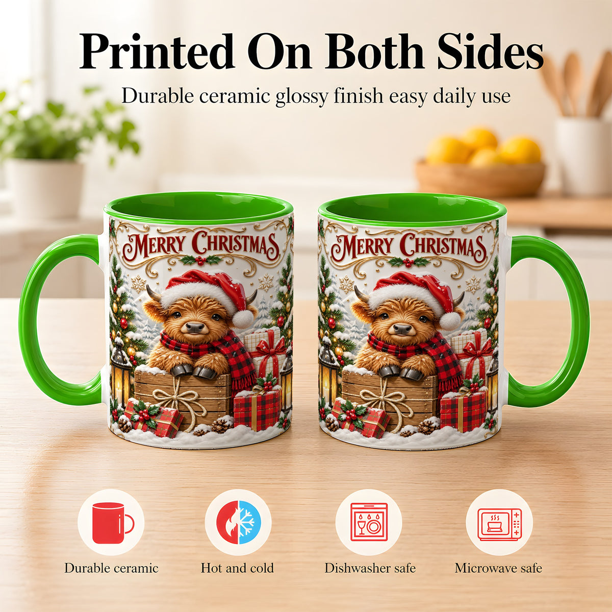 #pl[11oz|Green] Merry Christmas Cow Coffee Mug, Cozy Winter Mug, Ceramic Cup