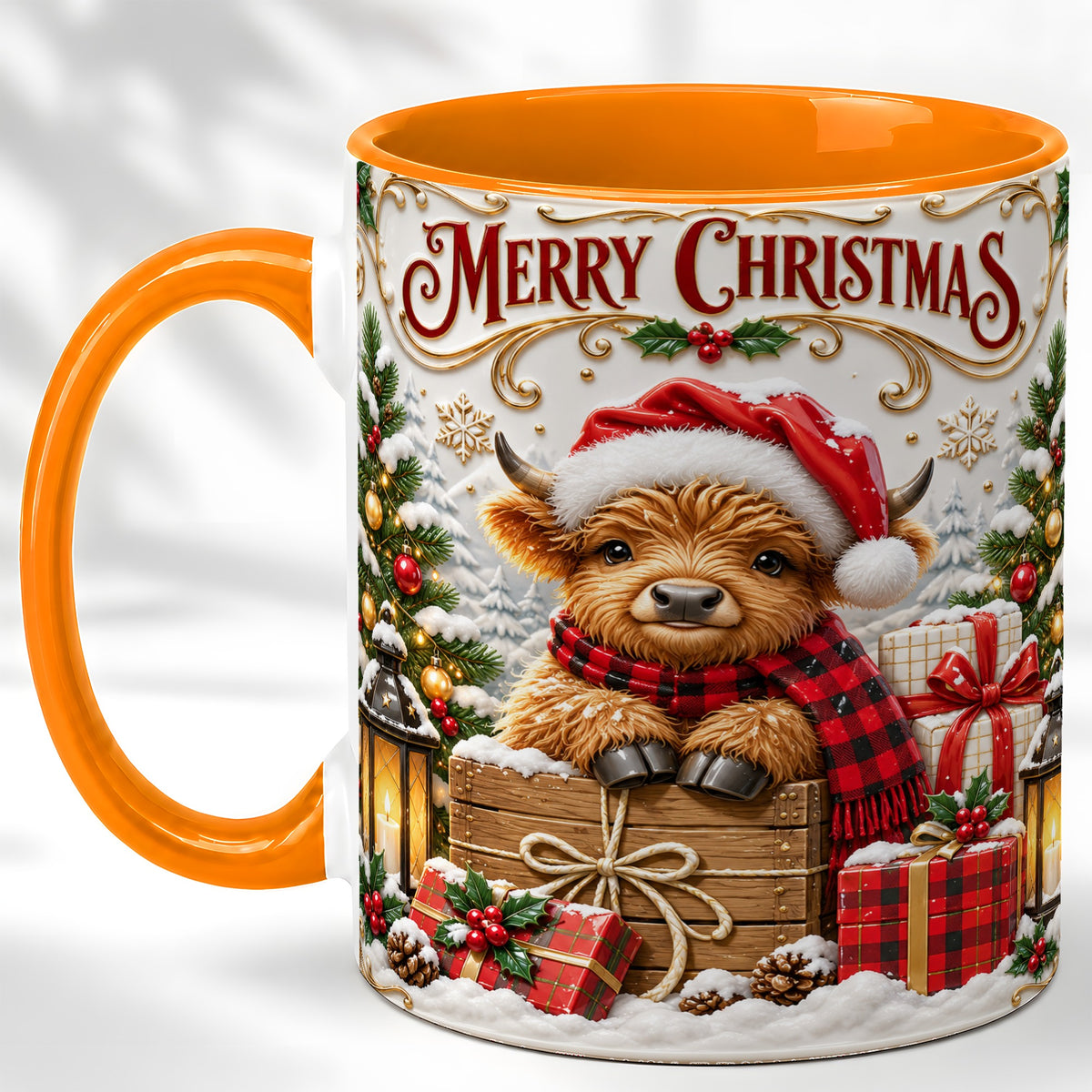 #pl[11oz|Orange] Merry Christmas Cow Coffee Mug, Cozy Winter Mug, Ceramic Cup