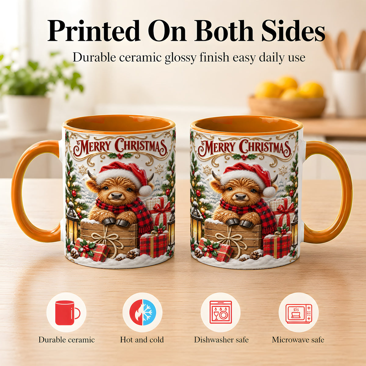 #pl[11oz|Orange] Merry Christmas Cow Coffee Mug, Cozy Winter Mug, Ceramic Cup