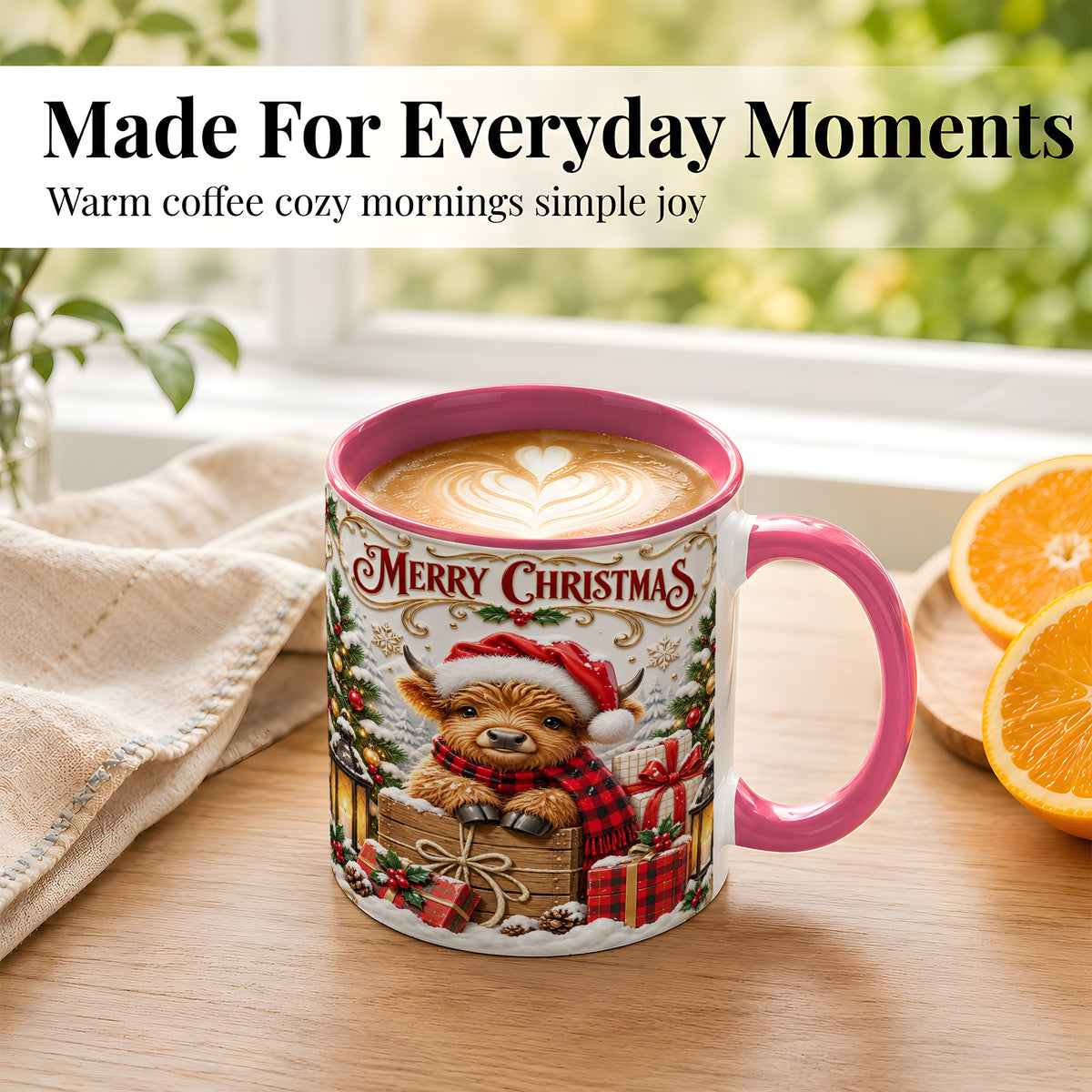 #pl[11oz|Pink] Merry Christmas Cow Coffee Mug, Cozy Winter Mug, Ceramic Cup