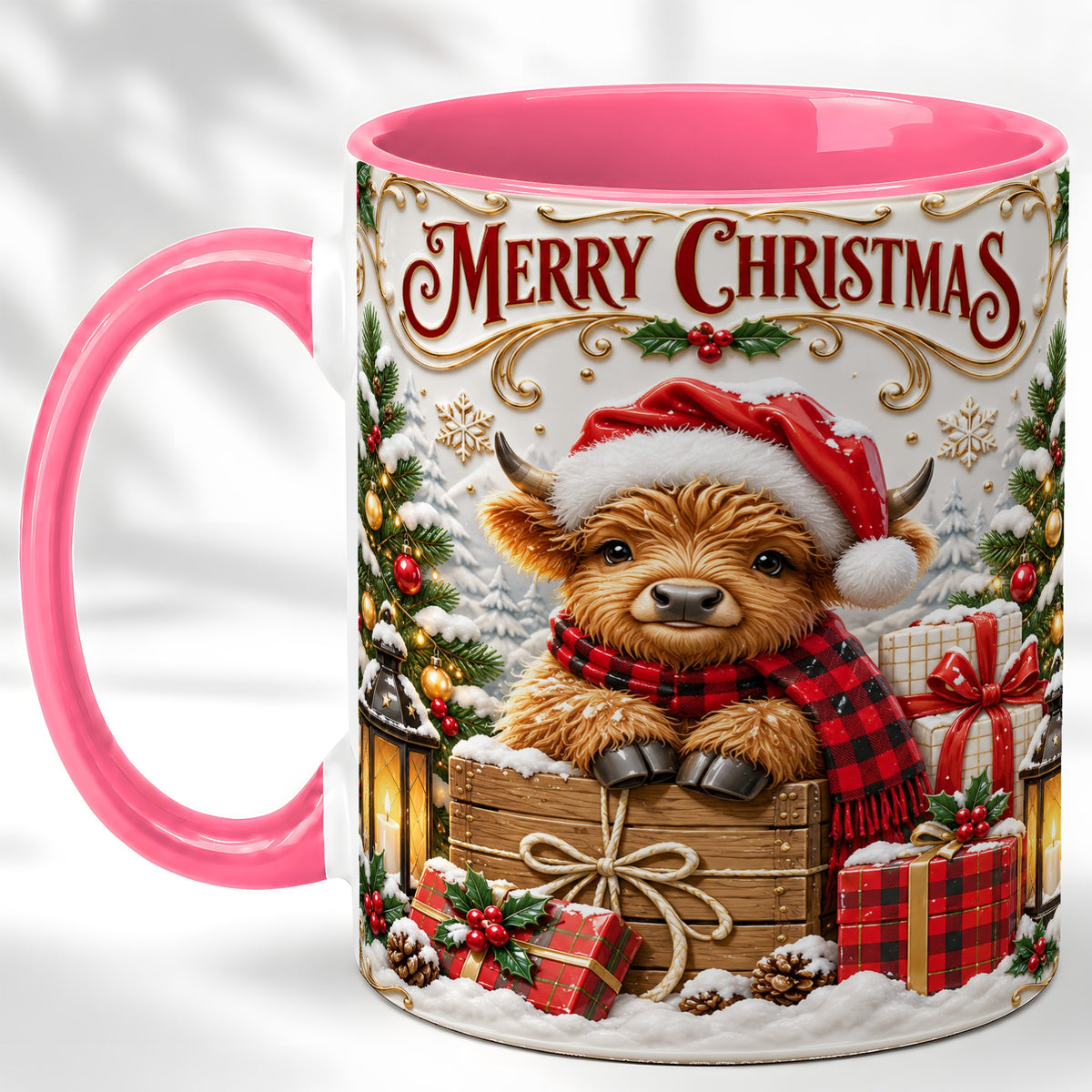 #pl[11oz|Pink] Merry Christmas Cow Coffee Mug, Cozy Winter Mug, Ceramic Cup