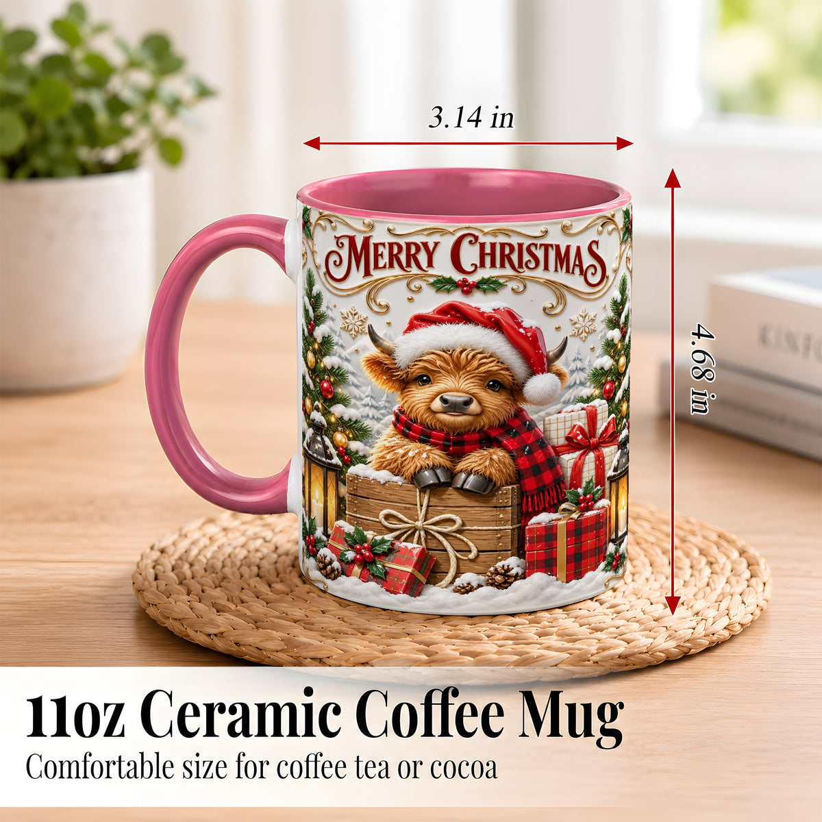 #pl[11oz|Pink] Merry Christmas Cow Coffee Mug, Cozy Winter Mug, Ceramic Cup