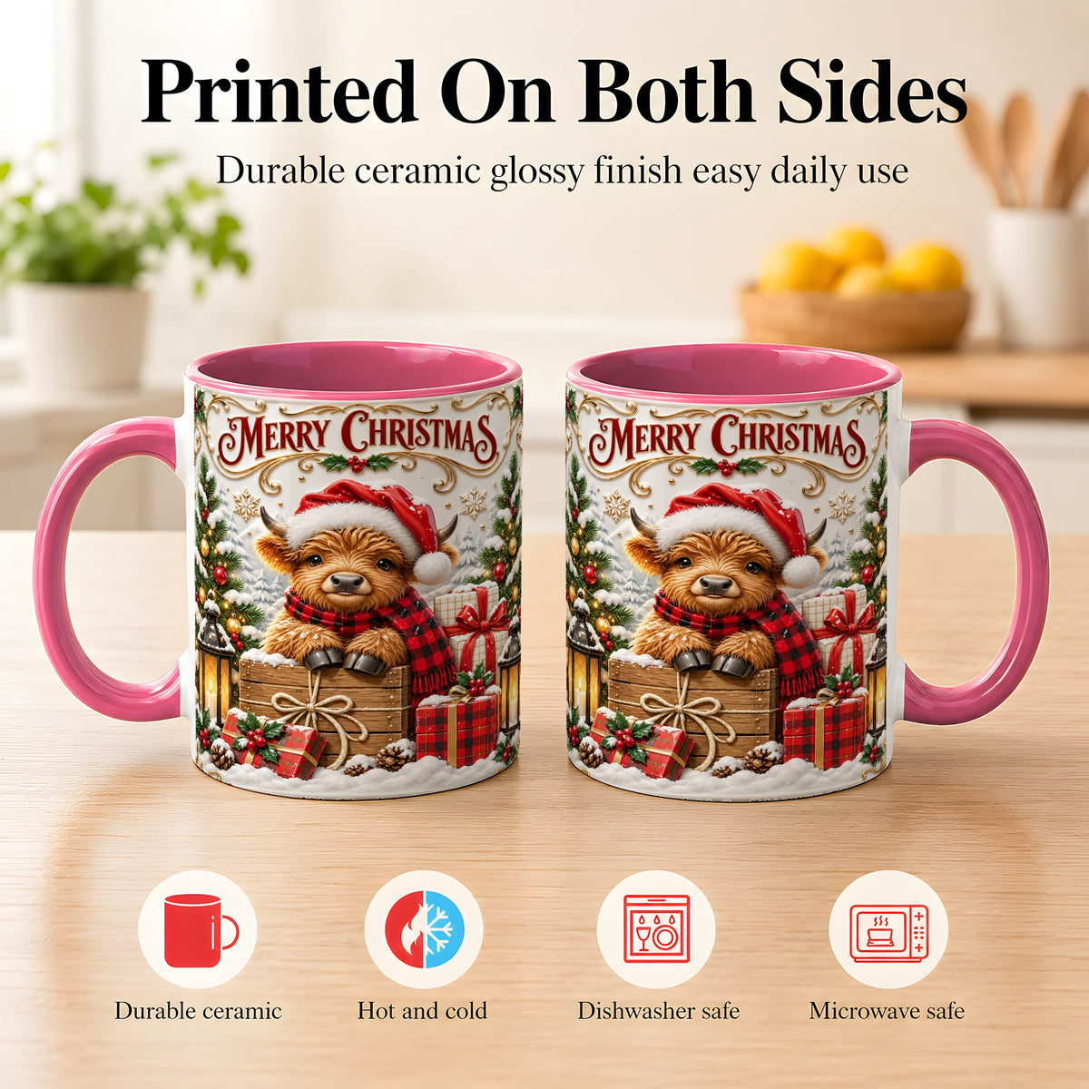 #pl[11oz|Pink] Merry Christmas Cow Coffee Mug, Cozy Winter Mug, Ceramic Cup