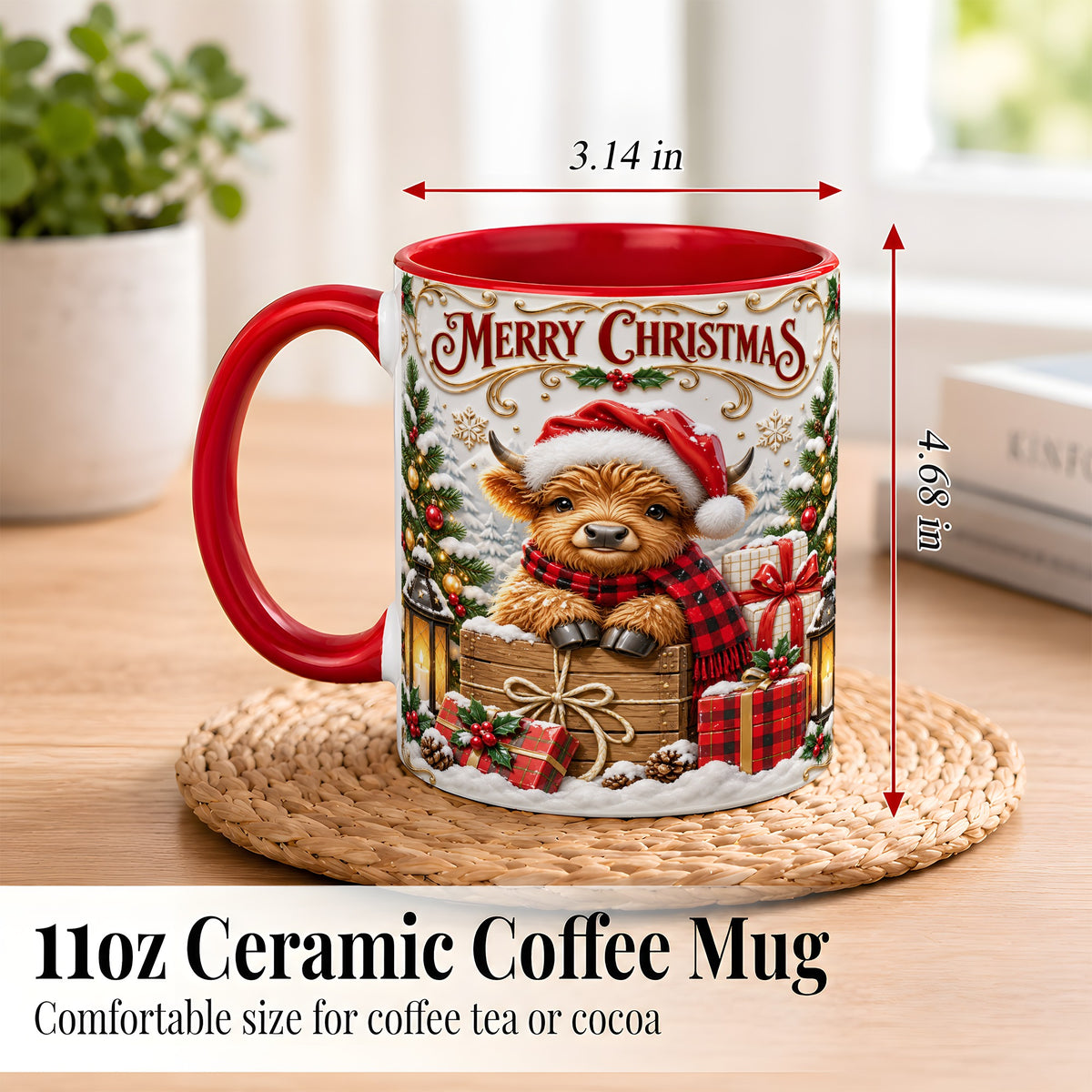 #pl[11oz|Red] Merry Christmas Cow Coffee Mug, Cozy Winter Mug, Ceramic Cup