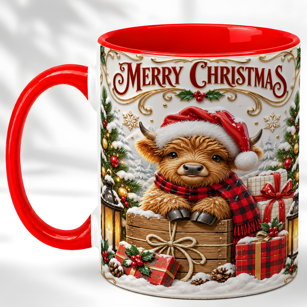 #pl[11oz|Red] Merry Christmas Cow Coffee Mug, Cozy Winter Mug, Ceramic Cup